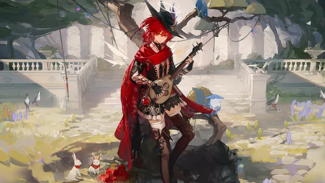 Exusiai in a New Covenant costume holding a lute against dark fire-lit ruins