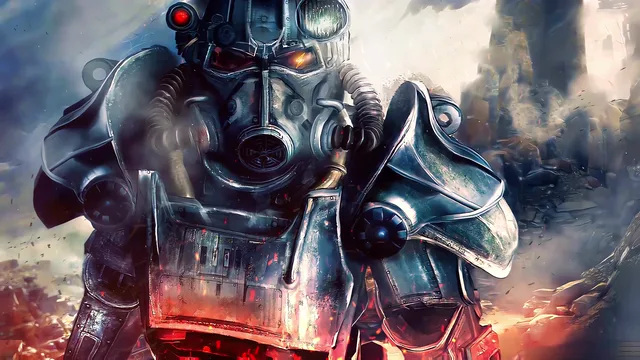 Worn Fallout power armor helmet under amber light with drifting dust