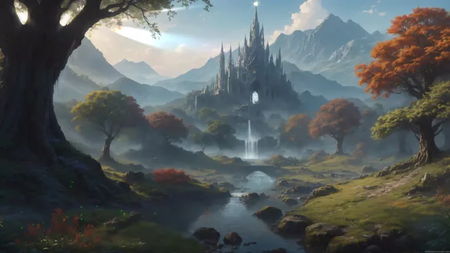 Dark-spired castle above waterfalls in a misty autumn valley