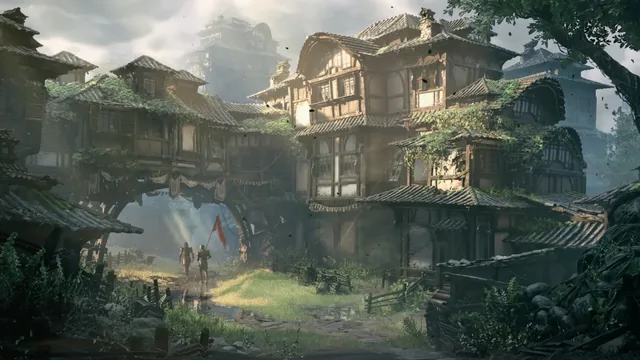 Old fantasy town with ivy-covered houses and two armored men