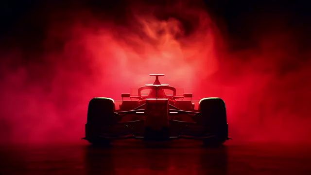 Rear view of Ferrari F1 car in red smoke
