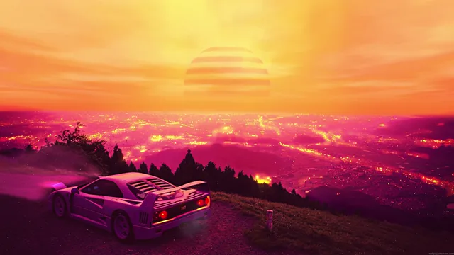 Red Ferrari F40 facing a vivid orange and pink city sunset from a raised road
