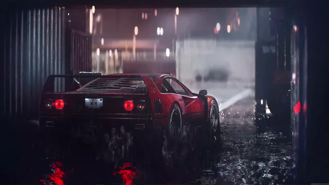 Ferrari F40 in a rain-soaked dark environment with water reflections pooling on the ground