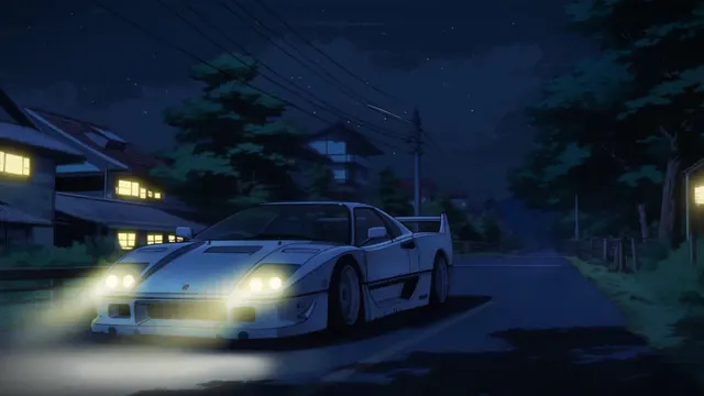 Ferrari F40 on a quiet city street beneath a deep blue night sky