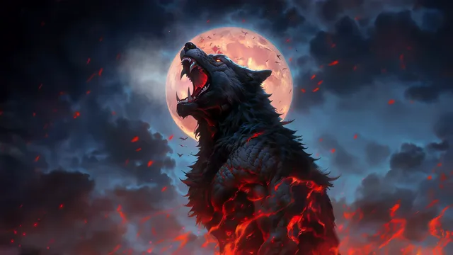 Flaming wolf howling on a rocky peak beneath a large blood-red moon