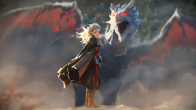 Fantasy art featuring a fireborn princess and a dragon