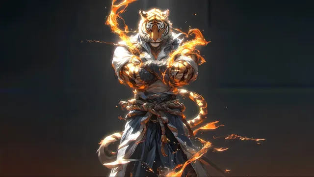 Tiger warrior in battle-worn clothing with flames gathered around both fists