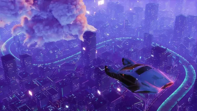 Flying car shown above a sprawling futuristic cyberpunk city
