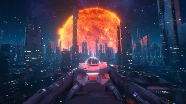 Airborne view over a solar cyberpunk city in a live wallpaper.