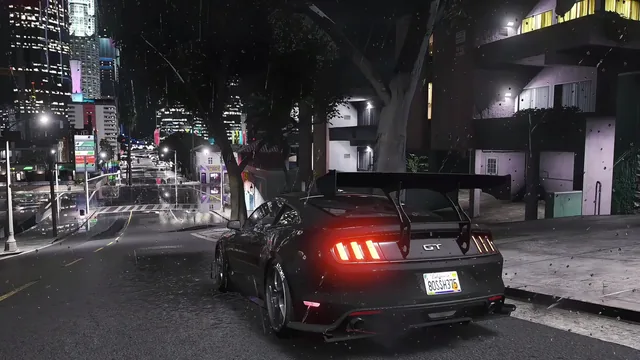 Ford Mustang GT parked on a rainy GTA 5-style city street beneath downtown lights