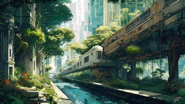Overgrown abandoned train station with steel and stone railway structures