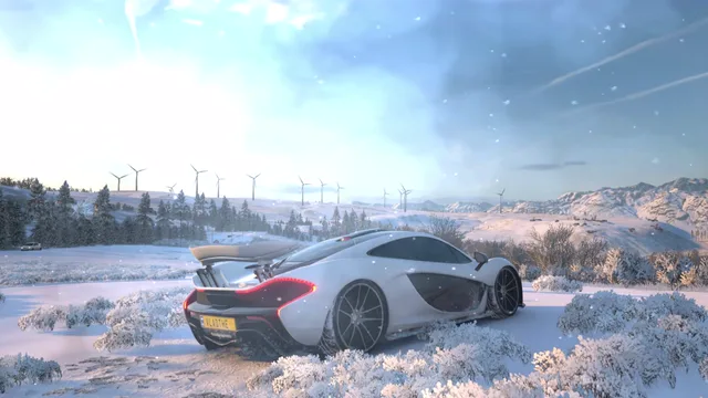 White supercar parked in a snowy Forza Horizon 4 landscape