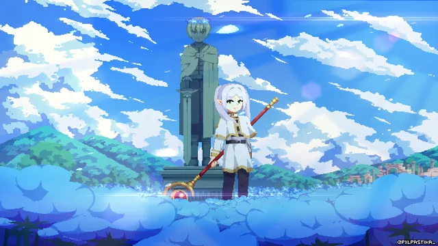 Pixel-art Frieren holding her staff above soft clouds under a bright peaceful sky