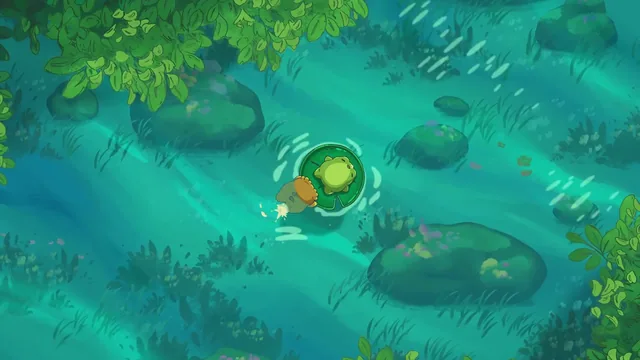 Two frogs moving with a lily pad through a shallow river