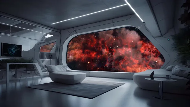 Futuristic habitat structure floating among distant stars and glowing nebula clouds