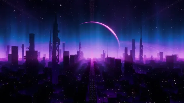 Futuristic neon skyline beneath stars and a large glowing moon