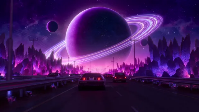 Cars on a neon highway beneath a giant purple ringed planet