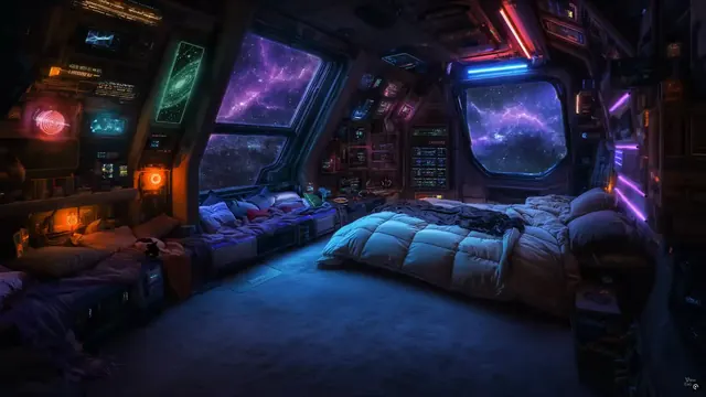 A home-themed cosmic scene set within a galaxy