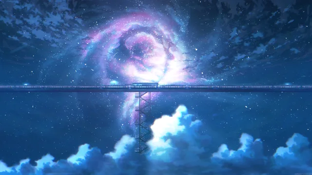 Vintage steam train traveling along a glowing track through a star-filled galaxy