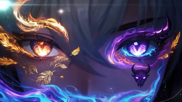 Close portrait of Galbrena with one golden eye and one violet-blue eye