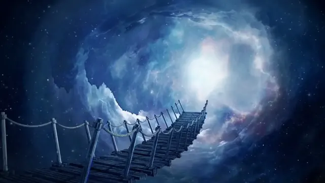 Wooden bridge rising toward a cosmic gateway under a starry blue sky