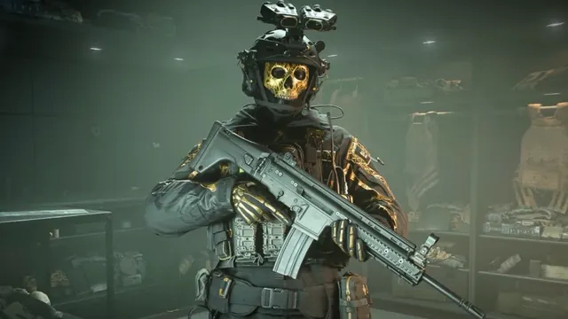 Simon Ghost Riley wearing a skull mask in a dim tactical armory