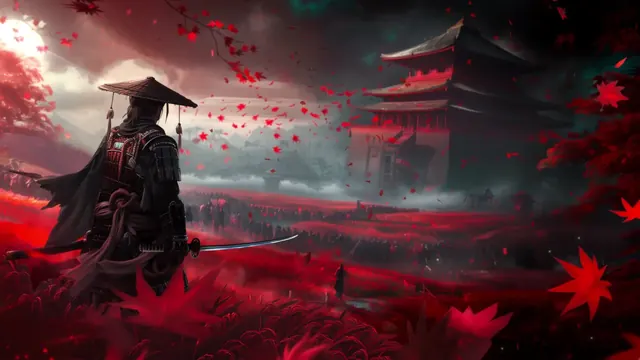 Lone samurai overlooking crimson autumn fields and a misty temple
