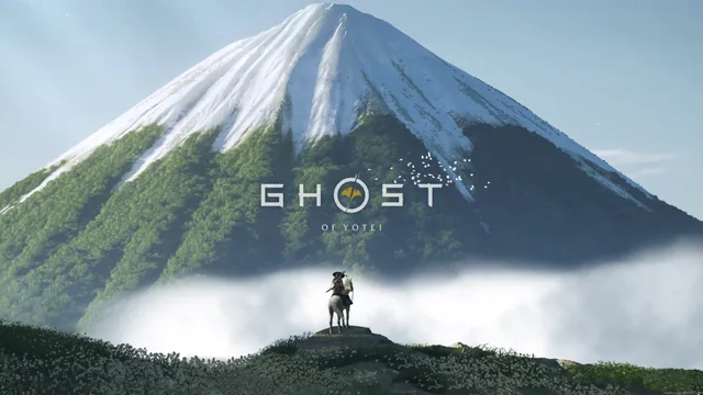 Mounted traveler facing Mount Yōtei above a foggy valley