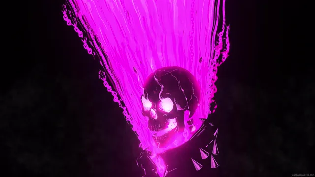 Flaming human skull lit by cycling RGB neon color bands against a dark background