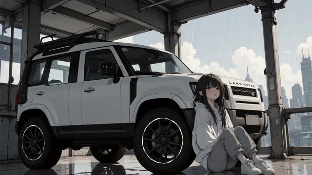 Girl standing beside a Land Rover on a quiet dirt track in late afternoon sun