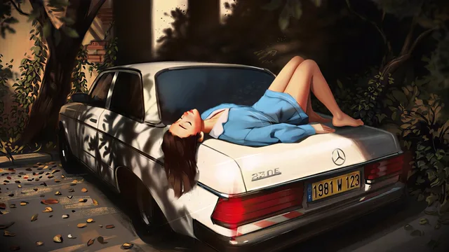 Woman reclining on the trunk of a white Mercedes-Benz 230E