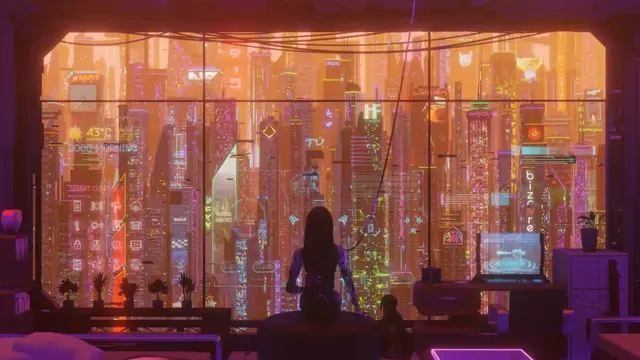 Girl looking across the skyline of a vast futuristic cyberpunk city