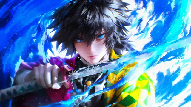 Giyu Tomioka in a Water Breathing battle composition inspired by Demon Slayer