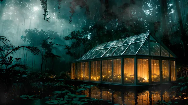 Warmly glowing glasshouse surrounded by lush rainforest during gentle rain.