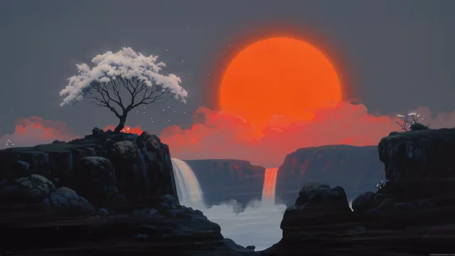 Huge scarlet sun behind twin waterfalls and a white-blossomed tree