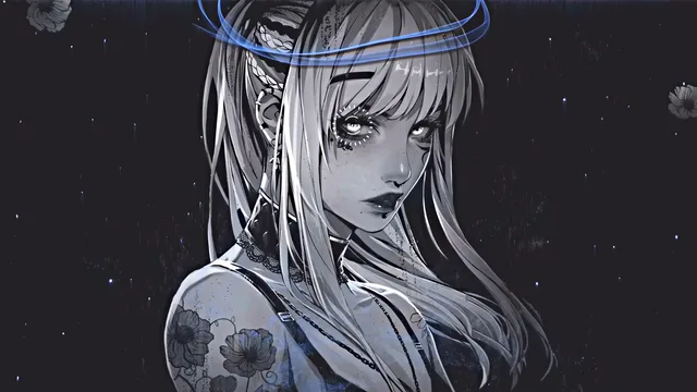 Kazemi in gothic attire standing amid celestial drapery and faint starlight