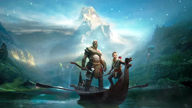 Kratos and Atreus on a boat below a snowy mountain