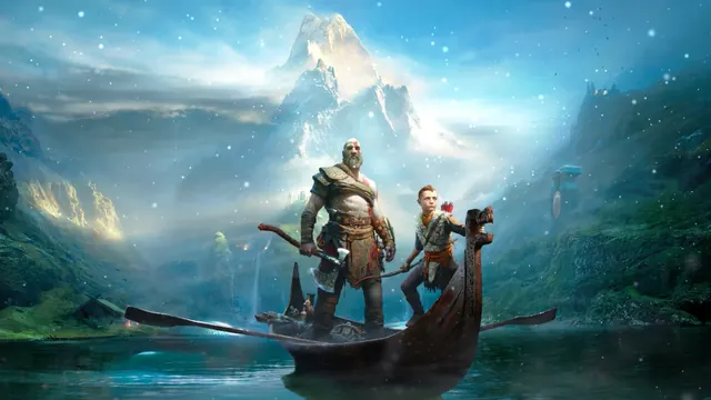 Kratos and Atreus aboard a Norse longboat with the Leviathan Axe