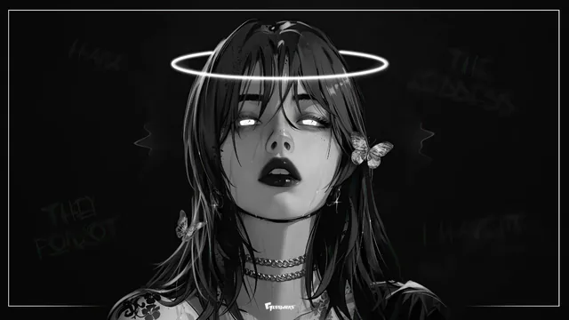 Goddess Hana floating in a dark ethereal space beneath a delicate halo of cold light