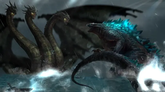Godzilla facing King Ghidorah in dramatic kaiju battle fan art