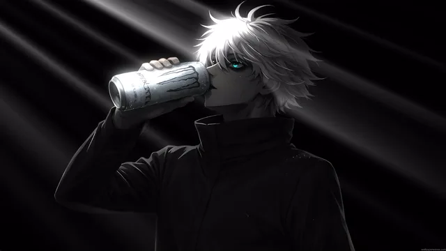 Monochrome Gojo drinking Monster beneath bright silver hair