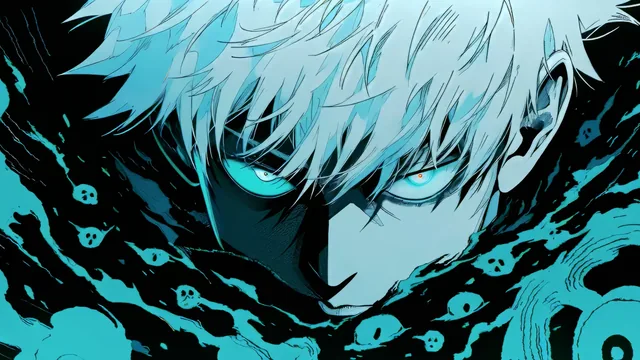 Gojo Satoru with piercing blue eyes glowing through shadow amid cursed energy
