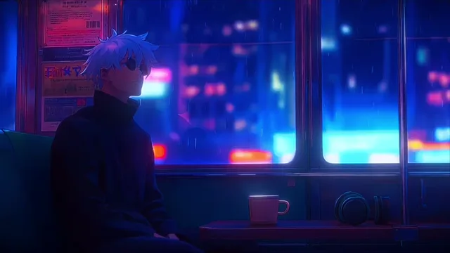 Gojo Satoru seated inside a neon-lit train