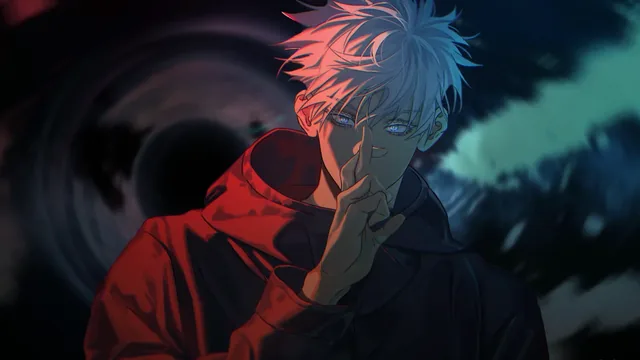 Gojo Satoru making a hand sign before a massive dark vortex under red and blue light