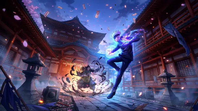 Gojo and Geto confronting each other in a damaged shrine courtyard