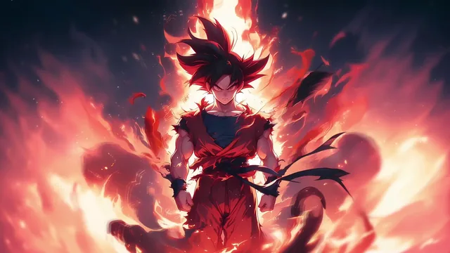 Goku in a battle-worn outfit standing fearlessly amid blazing flames