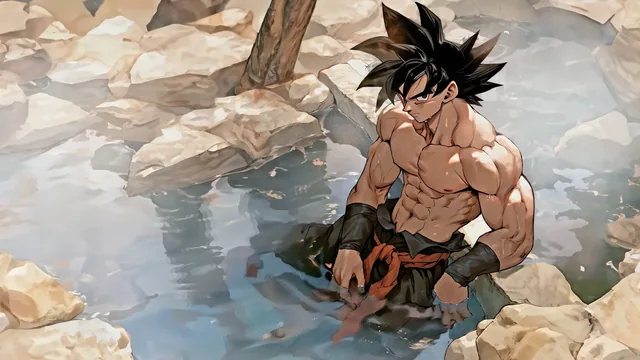 Goku seated in a steaming hot spring during a quiet moment of rest