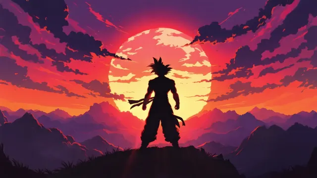 Goku silhouetted above mountains before a huge red-orange sunset