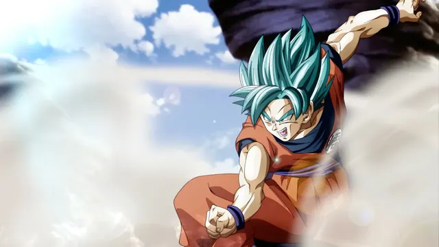 Goku in Super Saiyan Blue form with a bright aura over a dusty battlefield