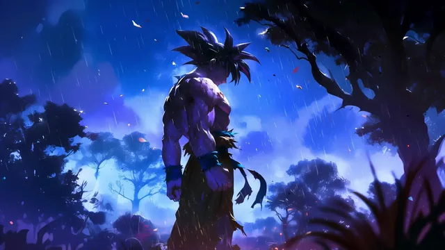 Goku standing in steady rain within a moonlit forest of drifting leaves and glowing mist